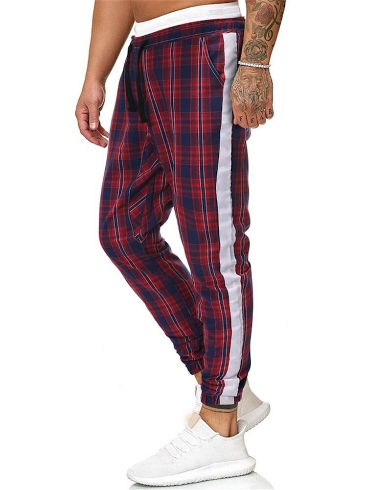 Plaid Print Mid Waist Herre Casual Bukser