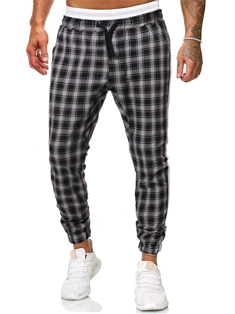 Plaid Print Mid Waist Herre Casual Bukser