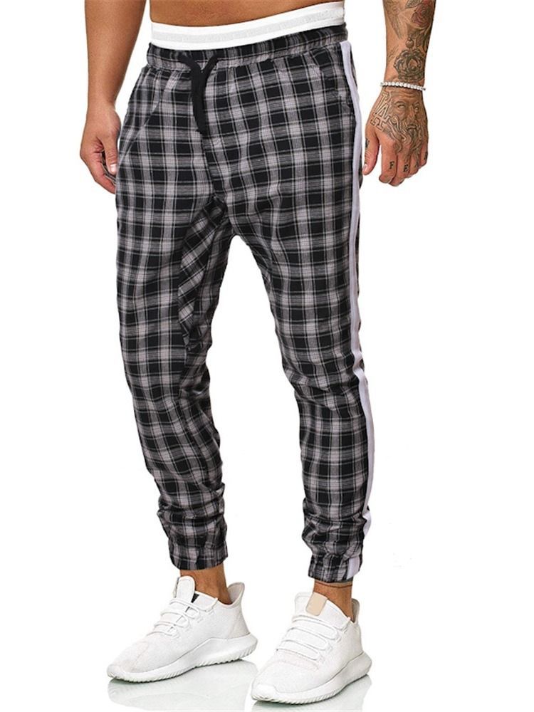 Plaid Print Mid Waist Herre Casual Bukser