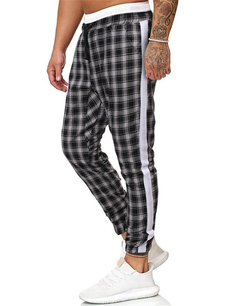 Plaid Print Mid Waist Herre Casual Bukser