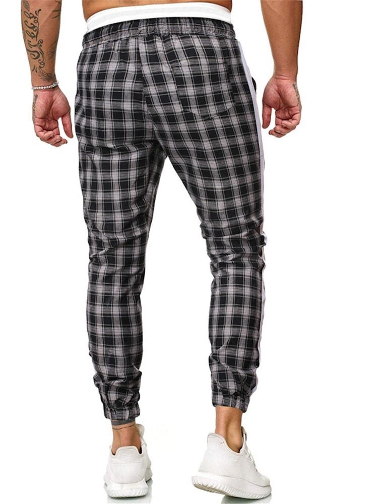 Plaid Print Mid Waist Herre Casual Bukser