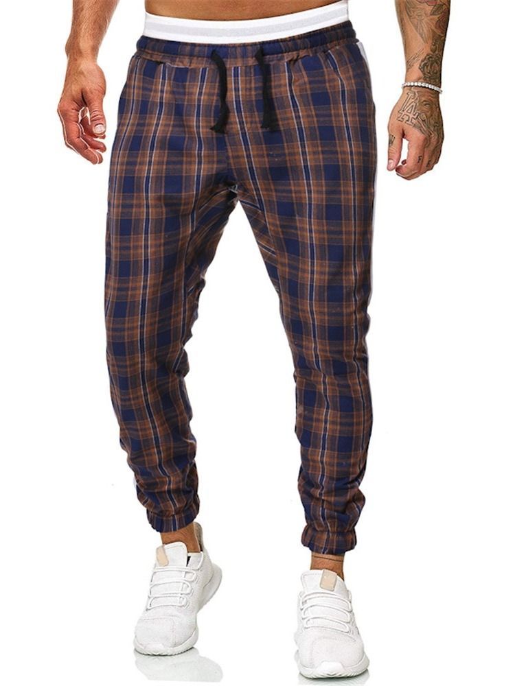 Plaid Print Mid Waist Herre Casual Bukser