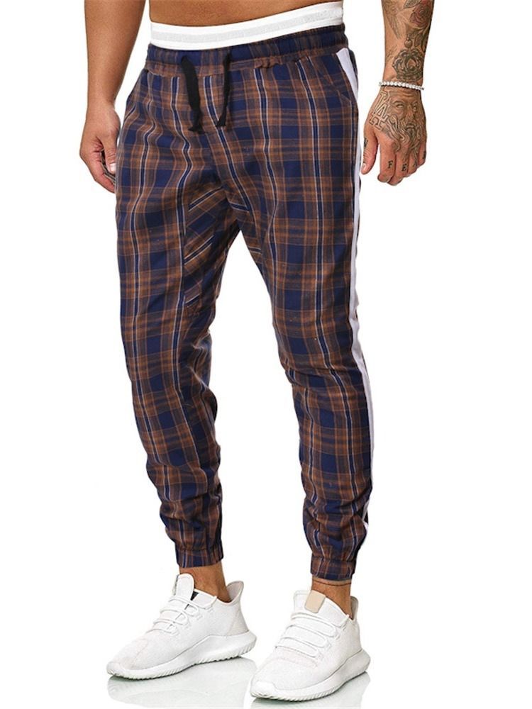 Plaid Print Mid Waist Herre Casual Bukser