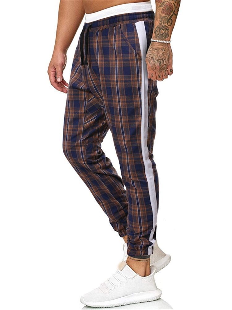 Plaid Print Mid Waist Herre Casual Bukser