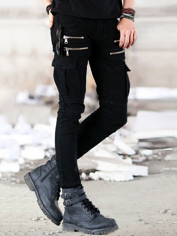 Plain Zipper Pencil Pants European Mid Waist Casual Men's Pants