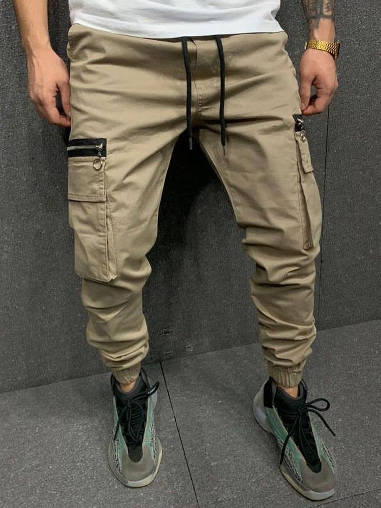 Pocket Pencil Pants Plain Mid Waist Men's Casual Pants