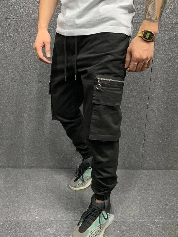 Pocket Pencil Pants Plain Mid Waist Men's Casual Pants