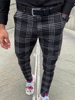 Pocket Pencil Plaid Zipper Mid Waist Men's Casual Bukser