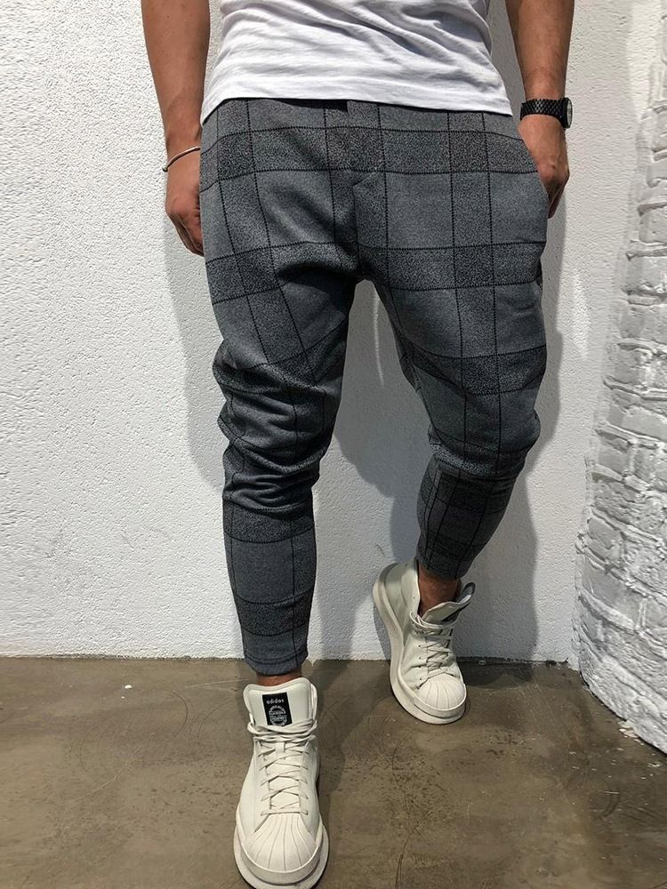 Pocket Plaid Lace-up Mid Waist Men's Casual Bukser