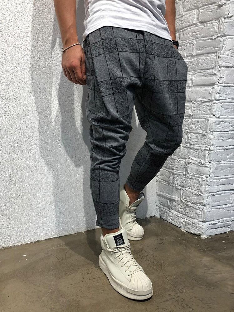 Pocket Plaid Lace-up Mid Waist Men's Casual Bukser