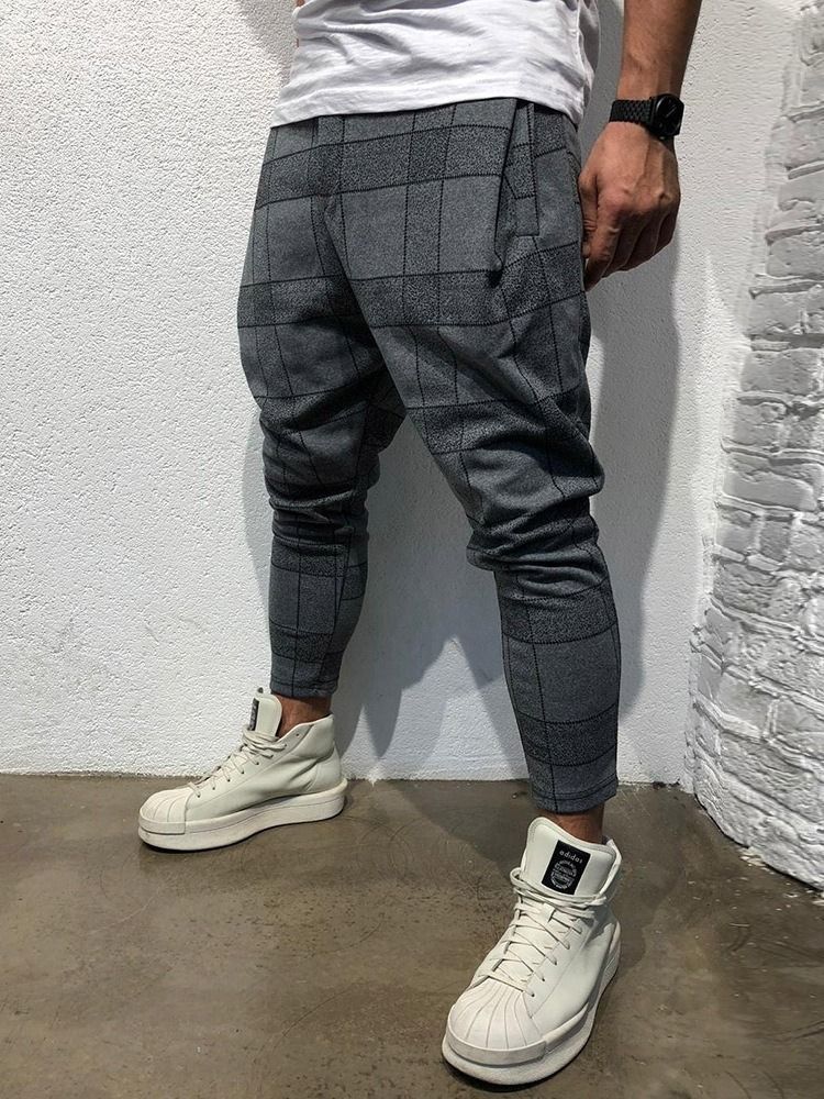 Pocket Plaid Lace-up Mid Waist Men's Casual Bukser