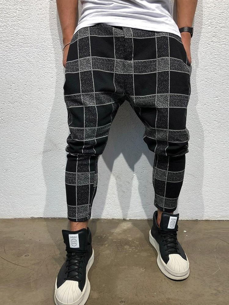 Pocket Plaid Lace-up Mid Waist Men's Casual Bukser