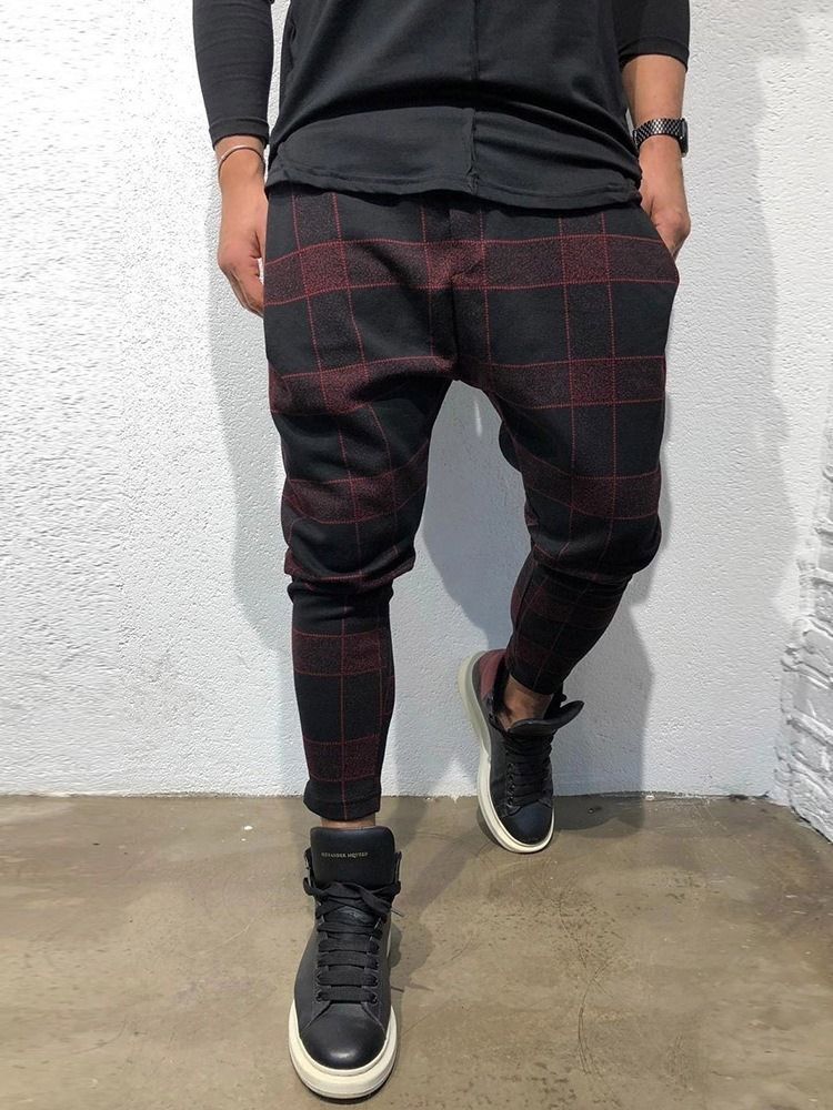 Pocket Plaid Lace-up Mid Waist Men's Casual Bukser