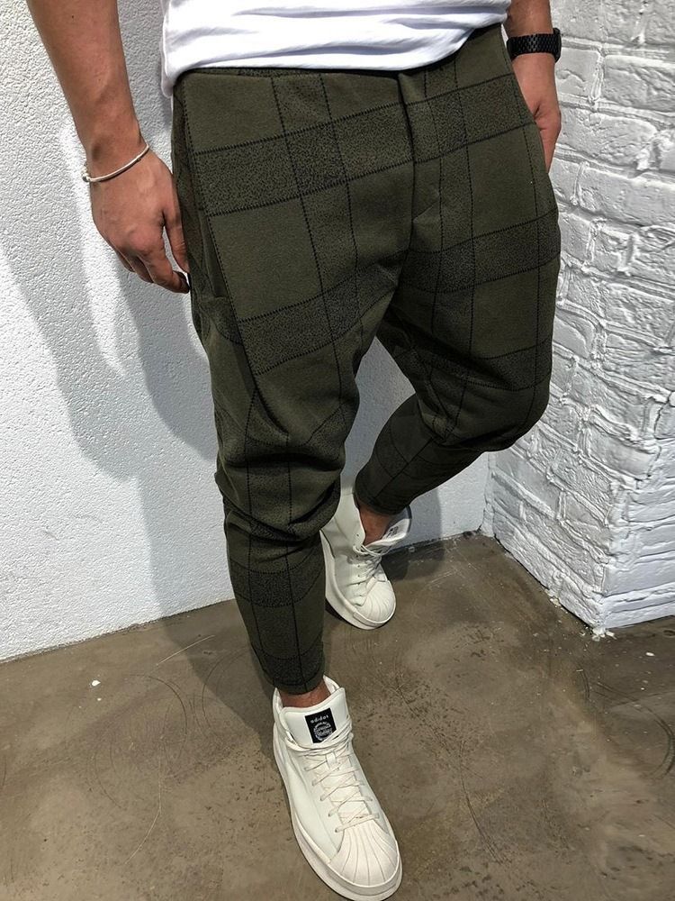 Pocket Plaid Lace-up Mid Waist Men's Casual Bukser