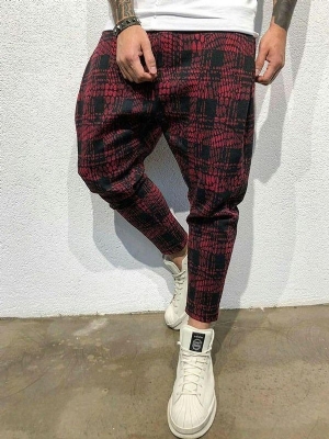 Pocket Plaid Mid Waist Mens Casual Bukser