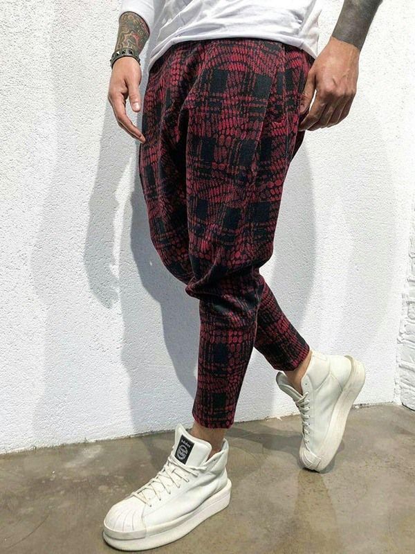 Pocket Plaid Mid Waist Mens Casual Bukser