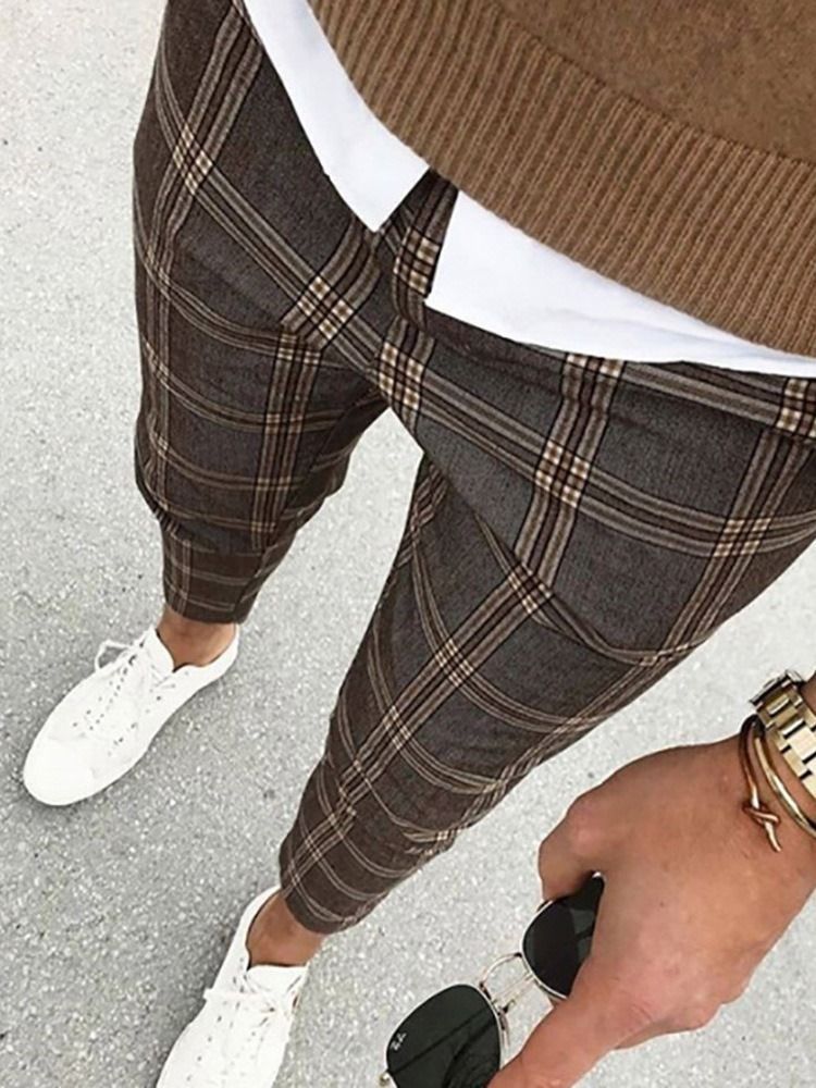 Print Plaid Pencil Pants Fall Herre Casual Bukser