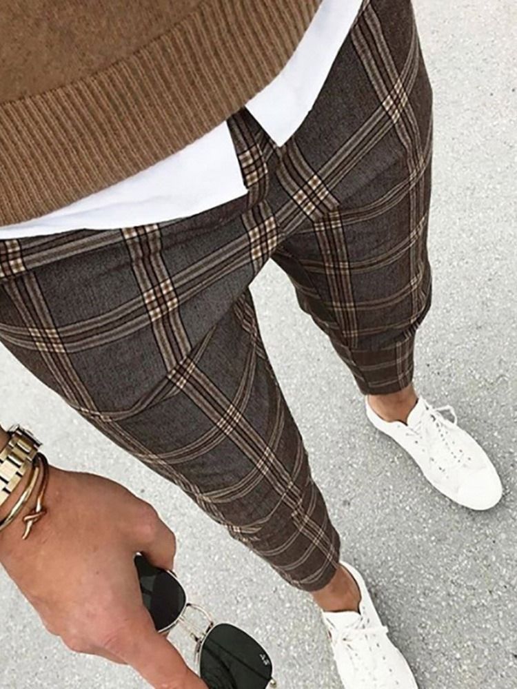 Print Plaid Pencil Pants Fall Herre Casual Bukser