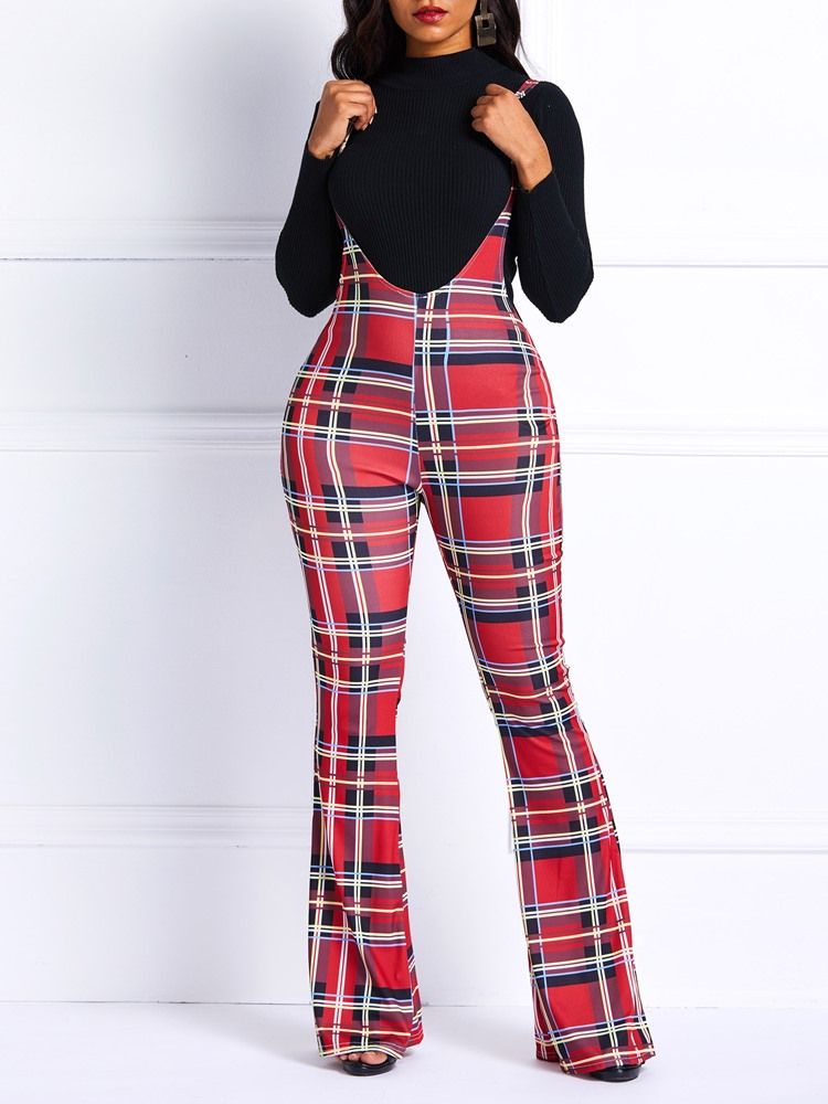 Skinny Plaid High-waist Full Length Women's Overall