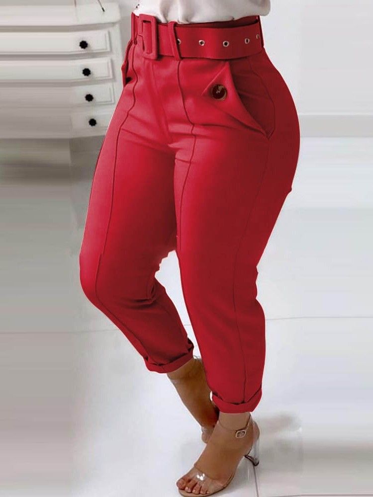 Slim Plain Pencil Pants Mid Waist Casual Women's Pants