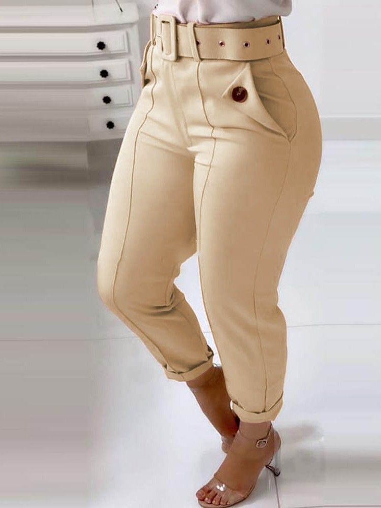 Slim Plain Pencil Pants Mid Waist Casual Women's Pants