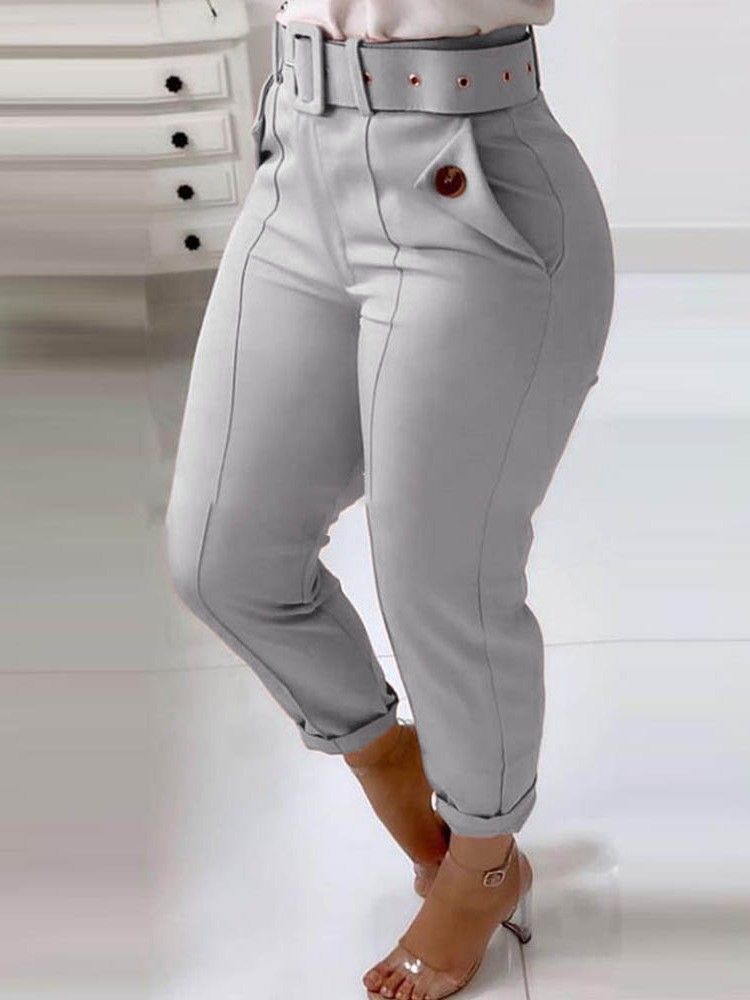 Slim Plain Pencil Pants Mid Waist Casual Women's Pants