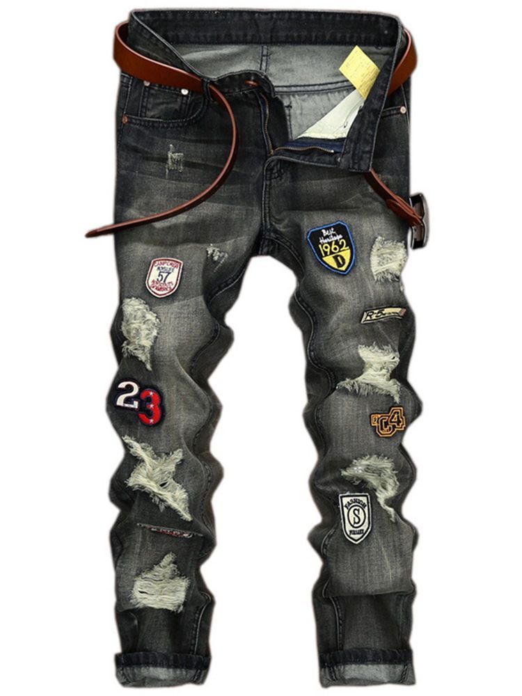 Straight Denim Holes Medal Patch Unique Men's Pants