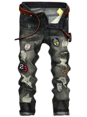 Straight Denim Holes Medal Patch Unique Men's Pants