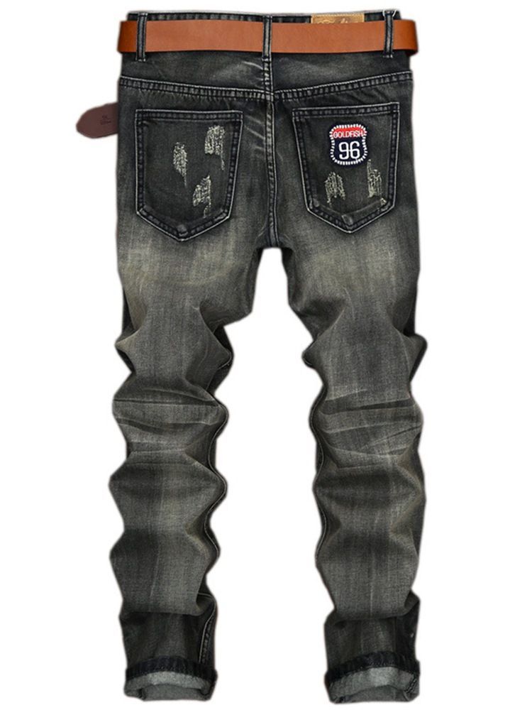 Straight Denim Holes Medal Patch Unique Men's Pants