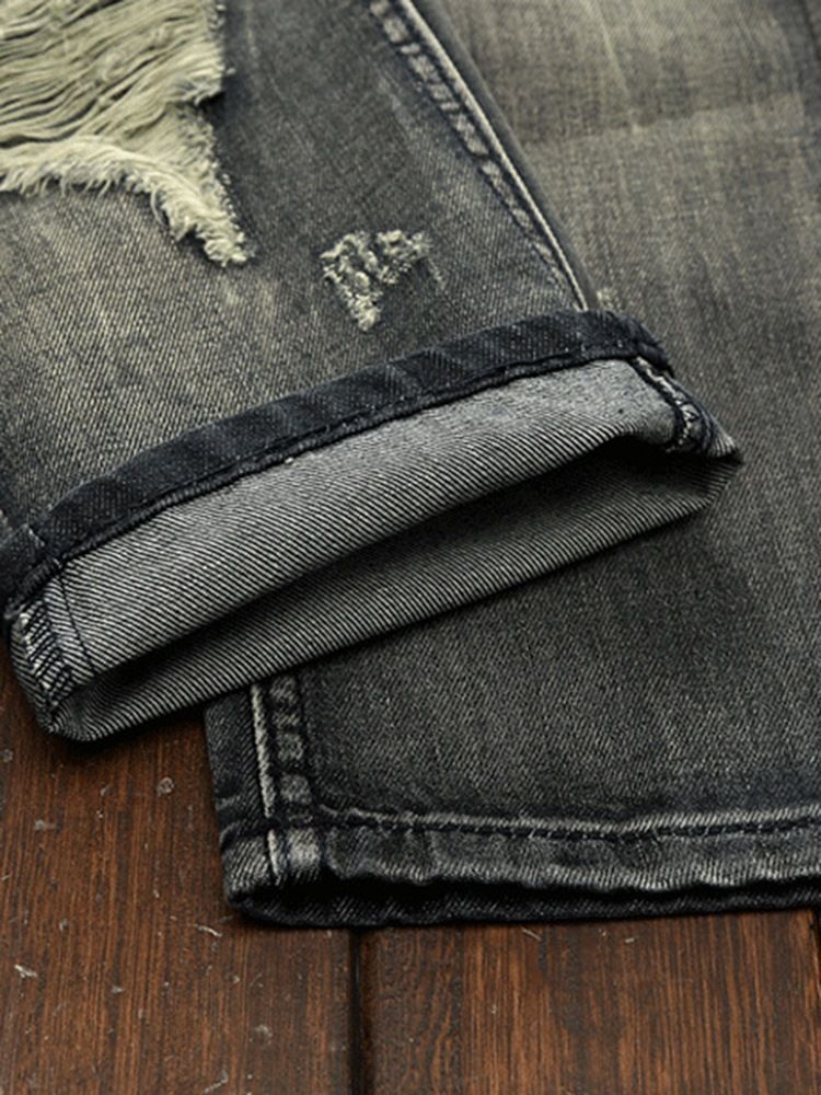 Straight Denim Holes Medal Patch Unique Men's Pants