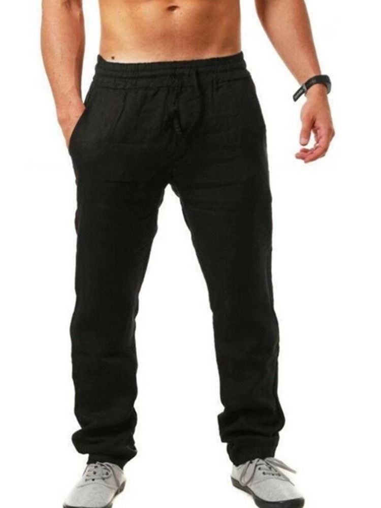 Straight Thin Plain Mid Waist Lace-up Casual Men's Pants