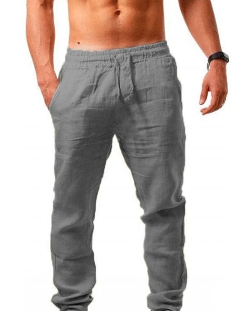 Straight Thin Plain Mid Waist Lace-up Casual Men's Pants