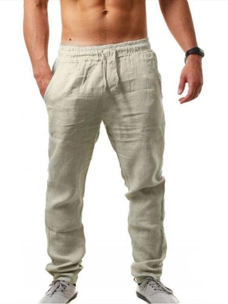 Straight Thin Plain Mid Waist Lace-up Casual Men's Pants