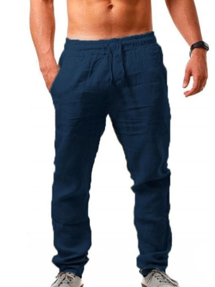 Straight Thin Plain Mid Waist Lace-up Casual Men's Pants