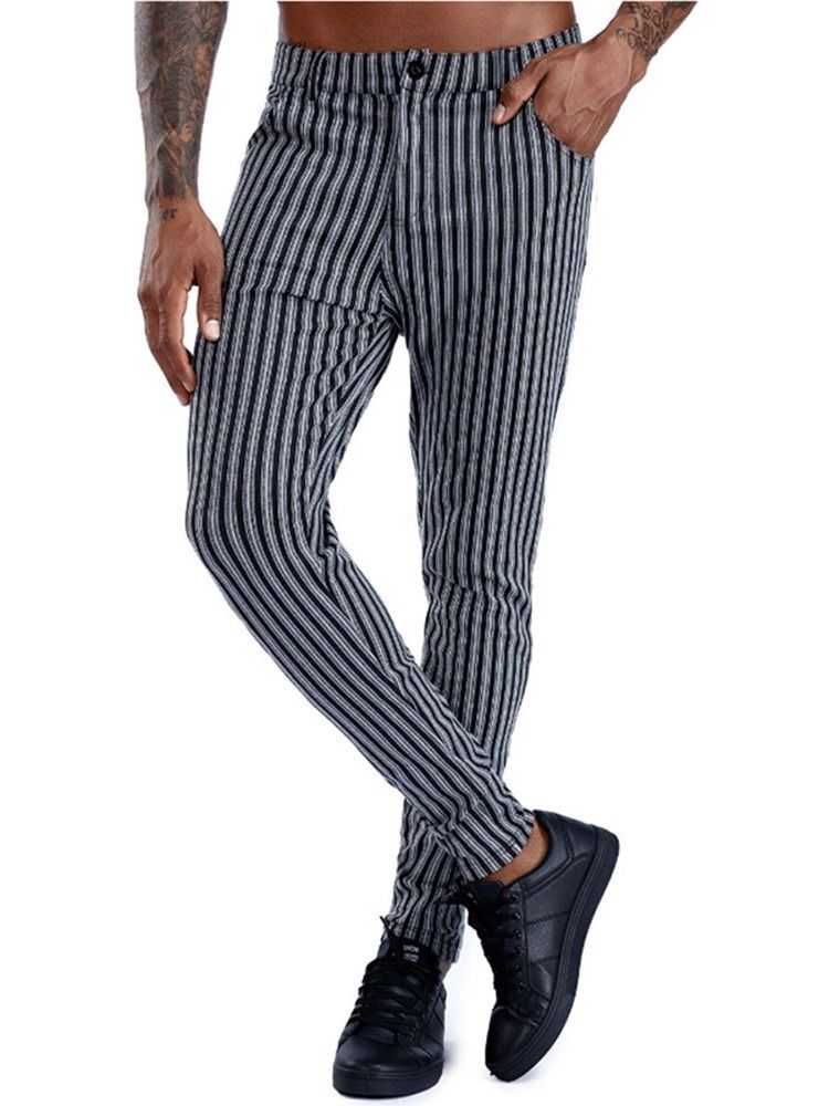 Stripe Pocket Pencil Pants Lynlås Mid Talje Herre Casual Bukser