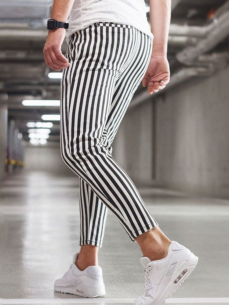 Stripe Print Straight Lace-up Herre Casual Bukser