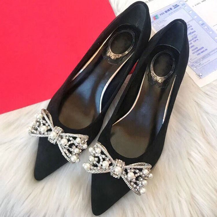 Bowknot Beads Slip-on Pointed Toe Chunky Heel Dame Pumps