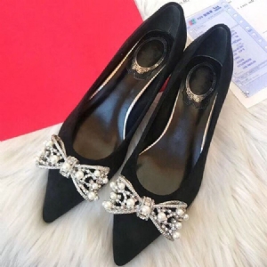 Bowknot Beads Slip-on Pointed Toe Chunky Heel Dame Pumps