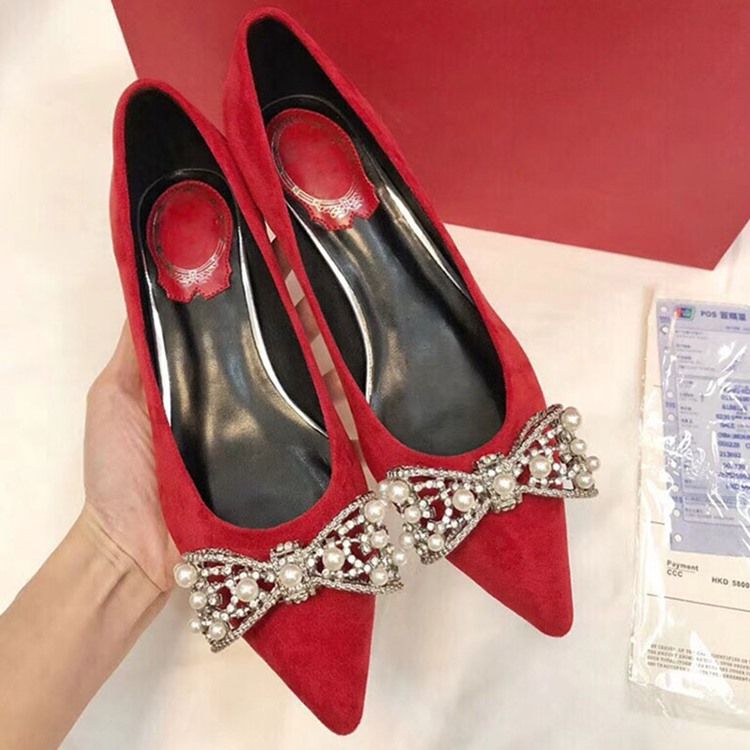 Bowknot Beads Slip-on Pointed Toe Chunky Heel Dame Pumps