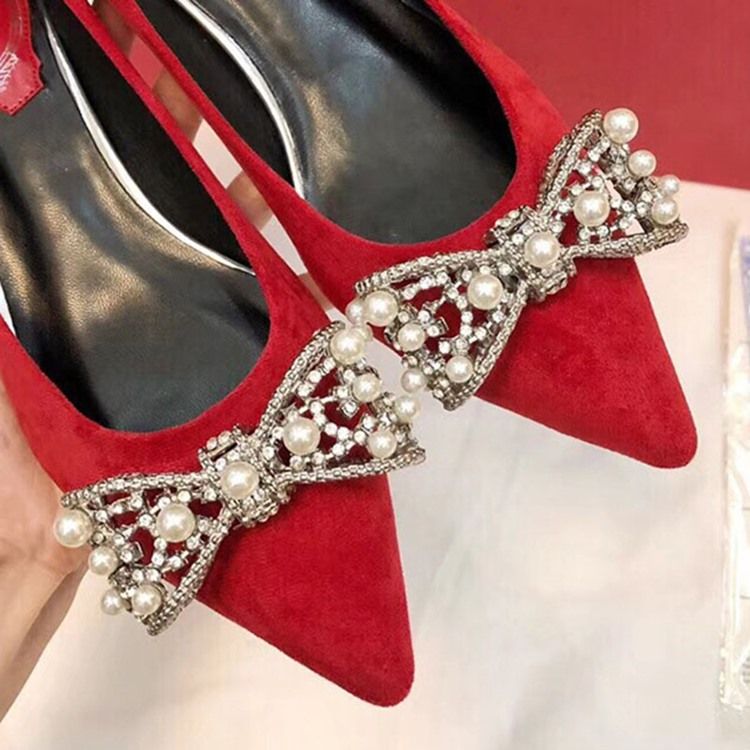 Bowknot Beads Slip-on Pointed Toe Chunky Heel Dame Pumps