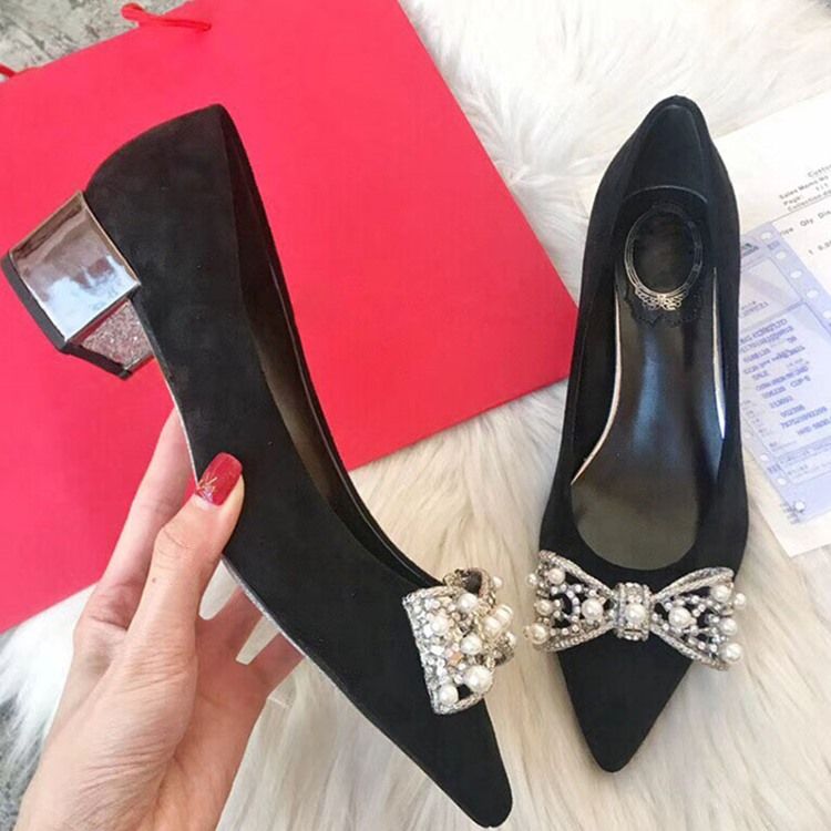 Bowknot Beads Slip-on Pointed Toe Chunky Heel Dame Pumps