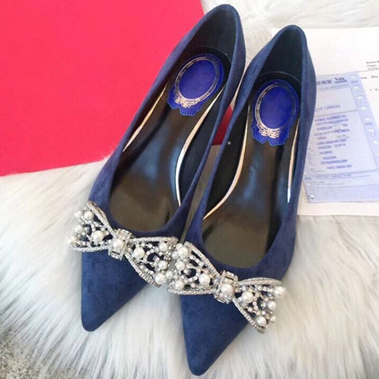 Bowknot Beads Slip-on Pointed Toe Chunky Heel Dame Pumps