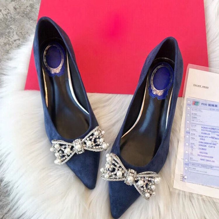 Bowknot Beads Slip-on Pointed Toe Chunky Heel Dame Pumps