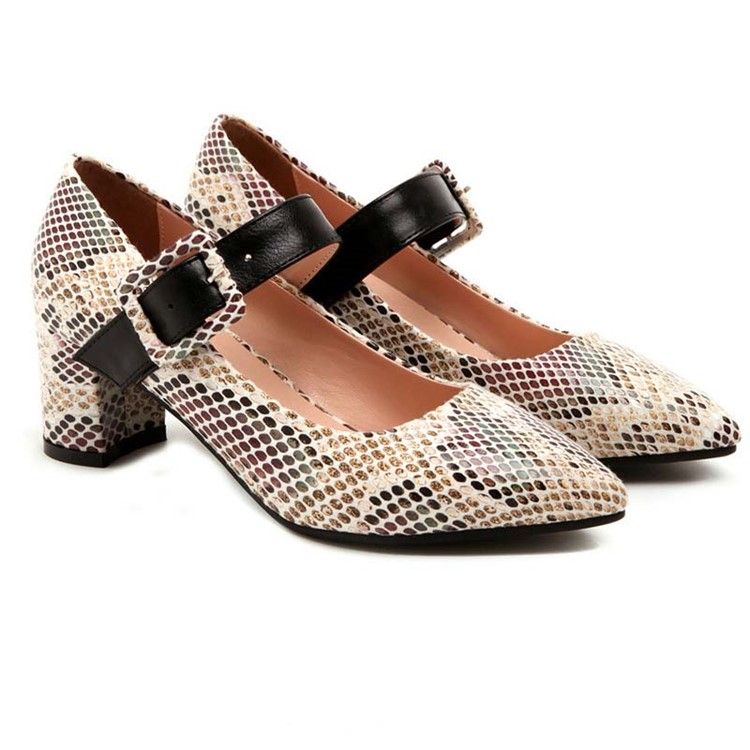 Color Block Buckle Chunky Heel Buckle Pumps Til Kvinder