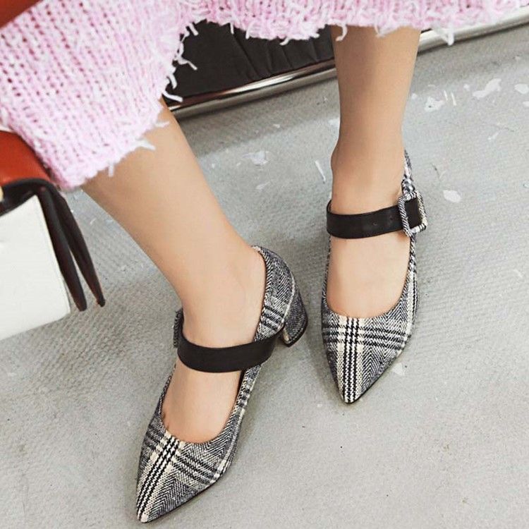 Color Block Buckle Chunky Heel Buckle Pumps Til Kvinder