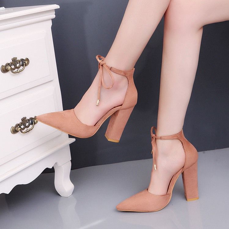 Faux Suede Pointed Toe Lace-up Heel Covering Women's Sandals