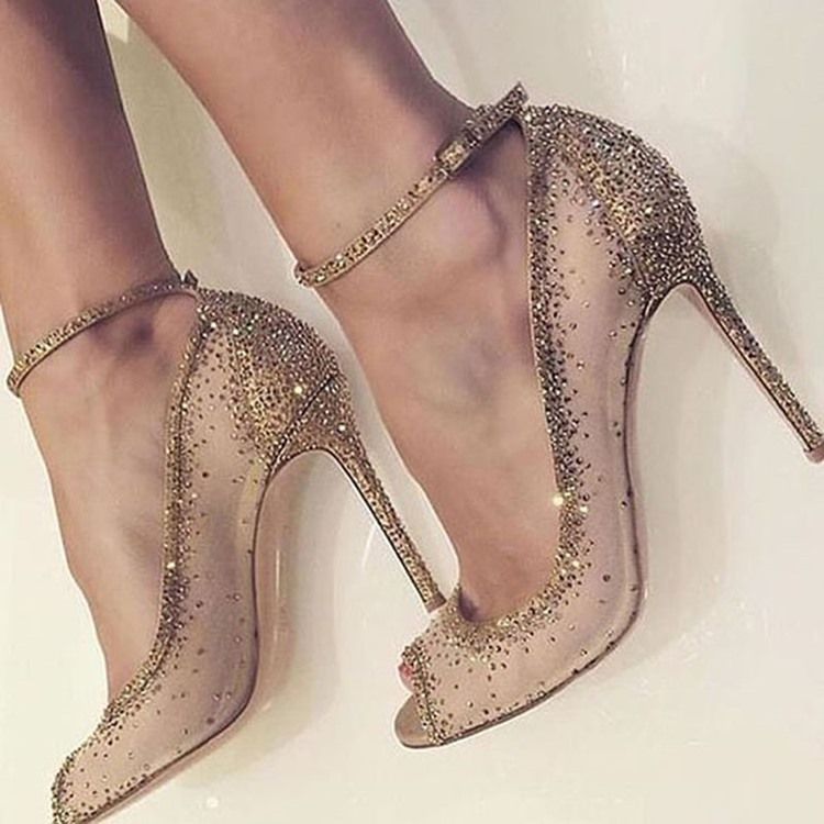 Kvinder Gylden Rhinestone Kigge Tå Stiletto Hæl Pumps