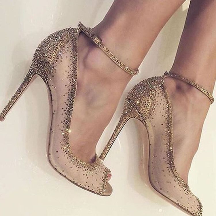 Kvinder Gylden Rhinestone Kigge Tå Stiletto Hæl Pumps