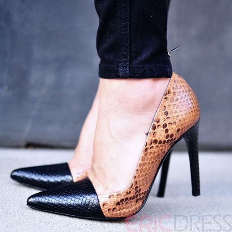 Kvinders Snake Print Patchwork Point Toe Pumps