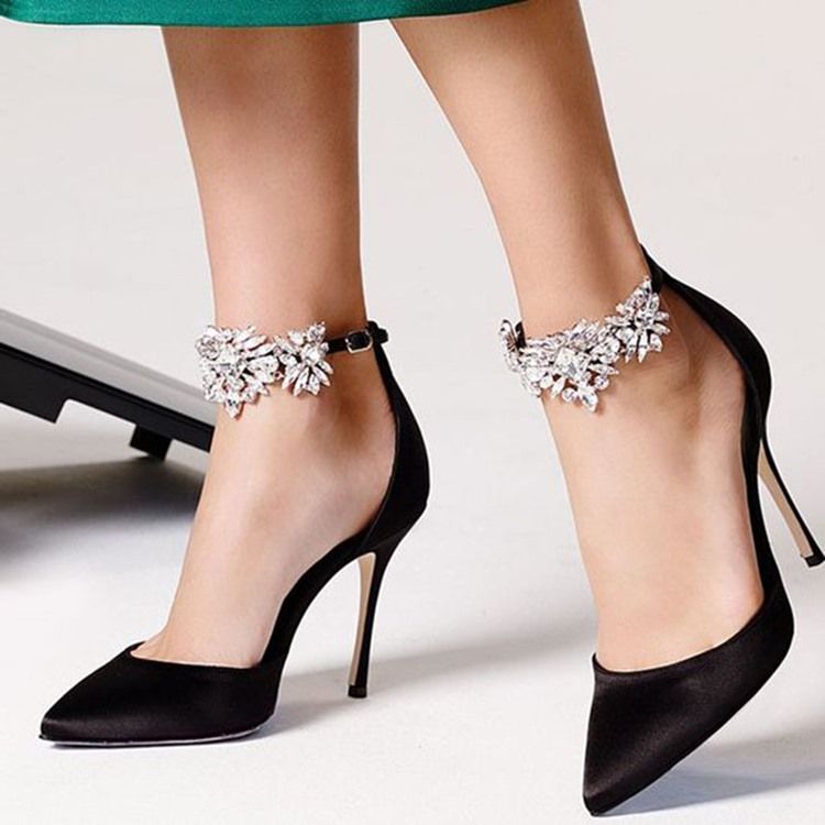 Line-style Buckle Rhinestone Pointed Toe 10cm Thin Women's Shoes